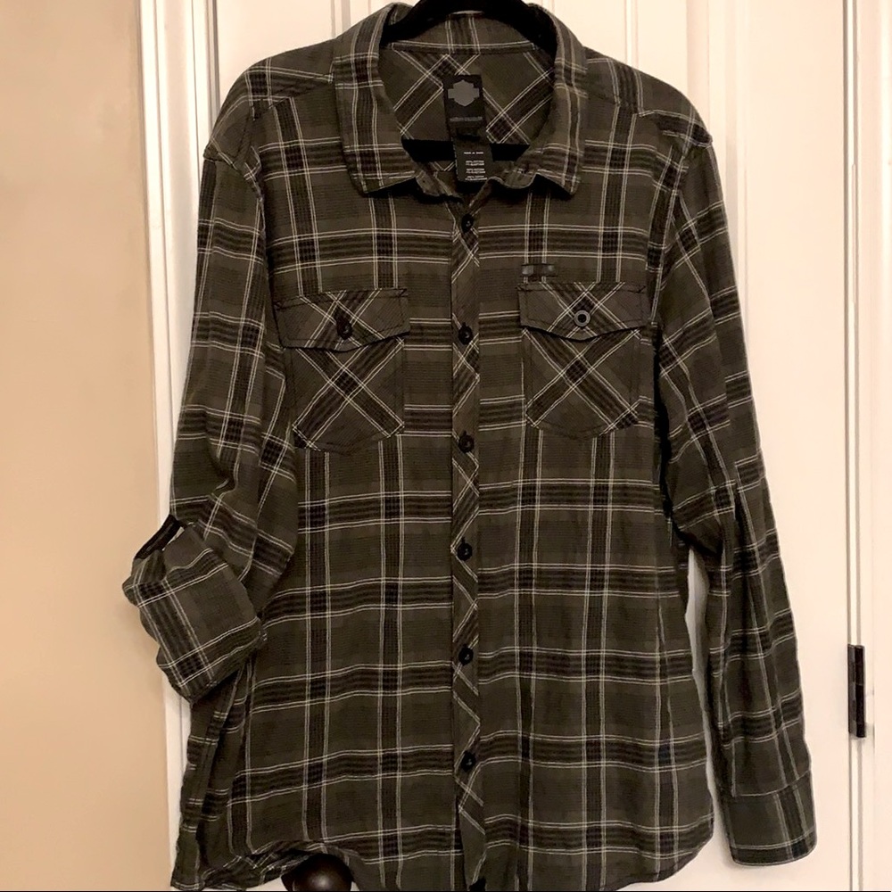 Harley Davidson flannel, XL Olive green & black